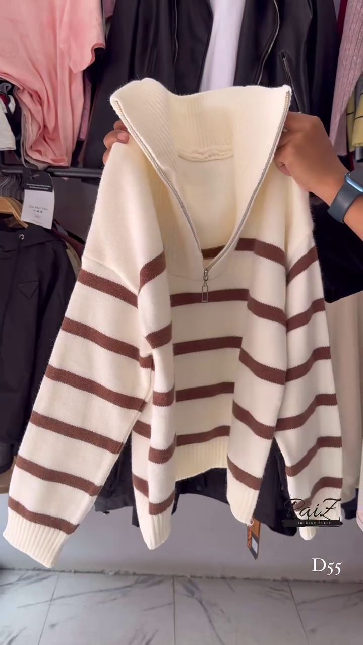 Striped Knit Sweater Collection 🧶 Half-Zip & Crew Styles – Cream, Blue, Red & More - Image 2