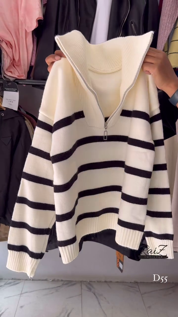 Striped Knit Sweater Collection 🧶 Half-Zip & Crew Styles – Cream, Blue, Red & More - Image 4