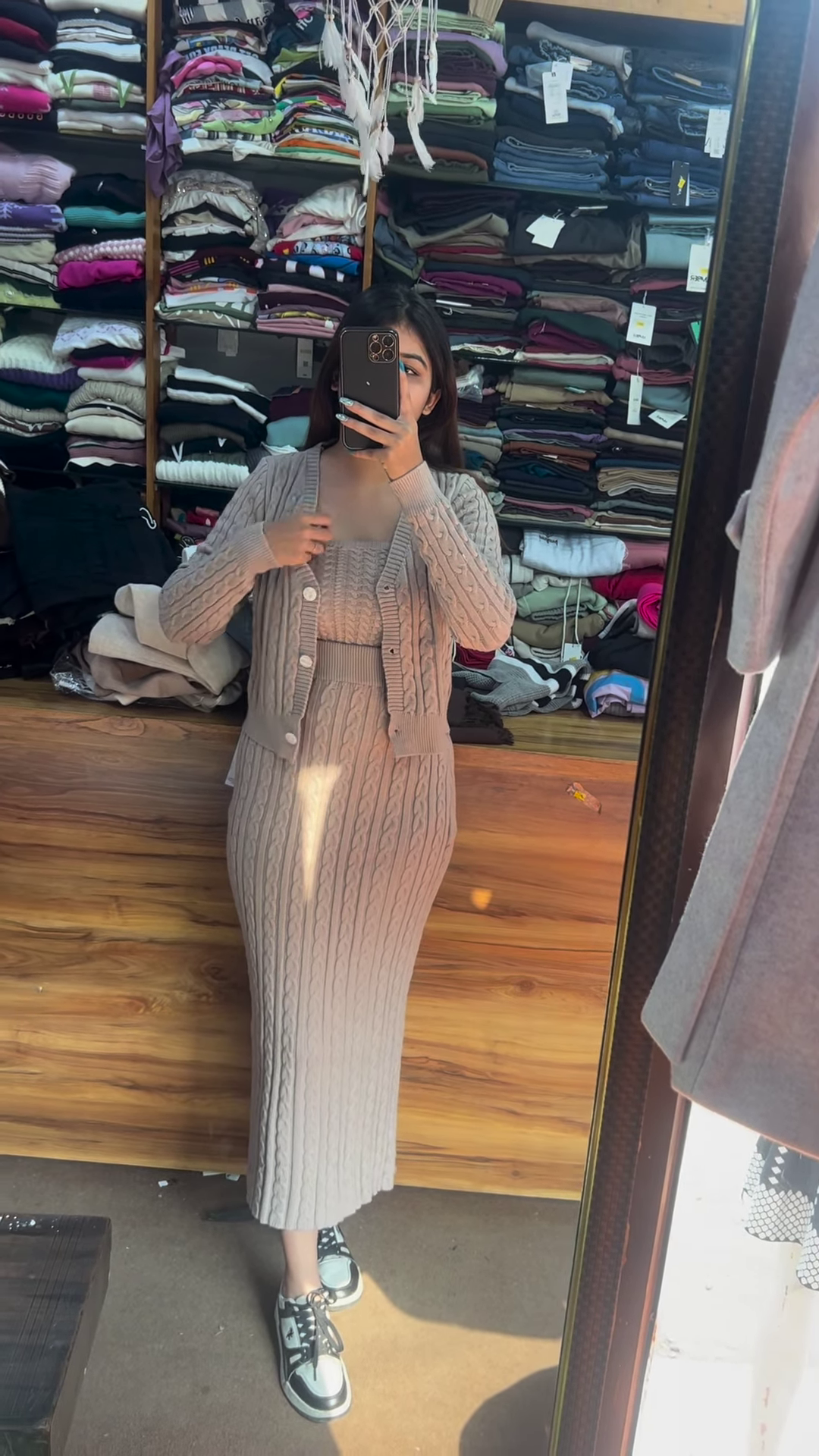 Knitted 3-Piece Co-ord Set 🧶🤍 With Cardigan, Crop Top & Long Skirt – Beige Variant