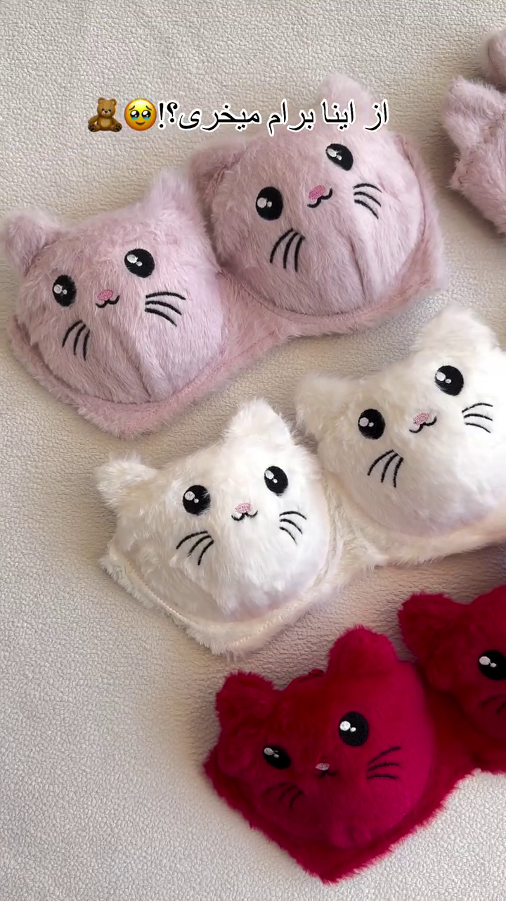 Furry Cat-Face Bras π±π β Plush Lingerie Tops in Pink, White & Red Variants with Embroidered Details