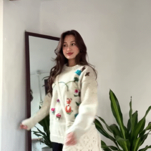 Whimsical Nature-Embroidered Knit Sweater 🌞🦊🌼 – Beige Base with Colorful Storybook Detailing