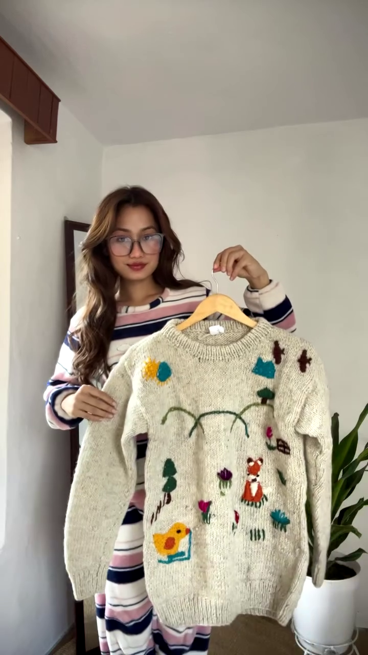 Whimsical Nature-Embroidered Knit Sweater ๐๐ฆ๐ผ โ Beige Base with Colorful Storybook Detailing - Image 2