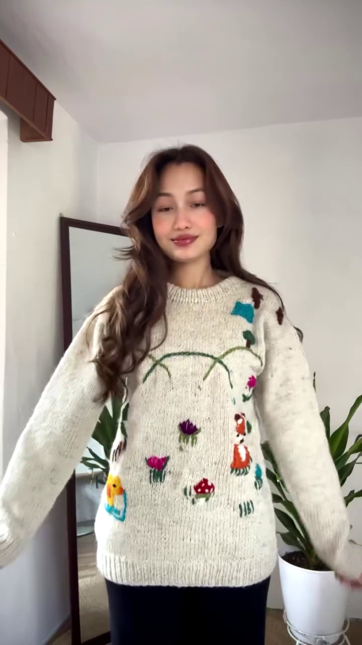 Whimsical Nature-Embroidered Knit Sweater ๐๐ฆ๐ผ โ Beige Base with Colorful Storybook Detailing - Image 3