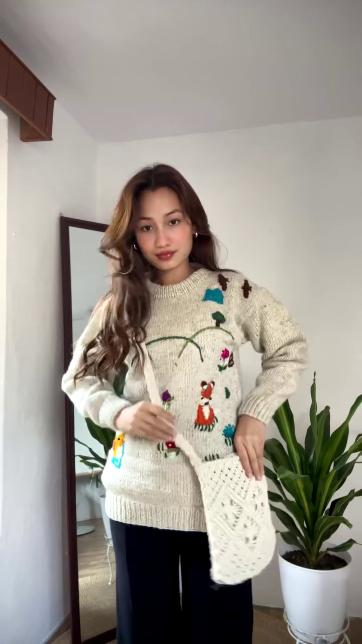 Whimsical Nature-Embroidered Knit Sweater ๐๐ฆ๐ผ โ Beige Base with Colorful Storybook Detailing - Image 5