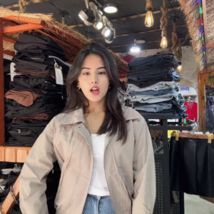 Women's Zip-Up Casual Jackets 🧥🛍 – Black, Beige & Light Beige Variants Styled in Store Setting