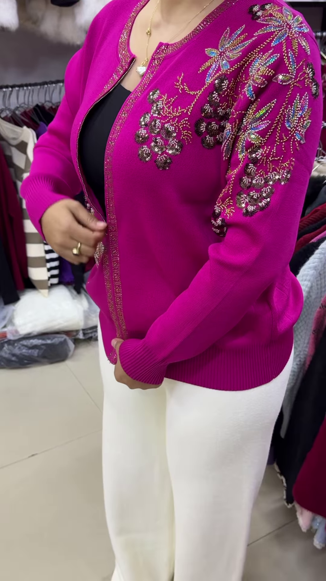 Royal Embellished Floral Zip-Up Winter Cardigan ✨🌺