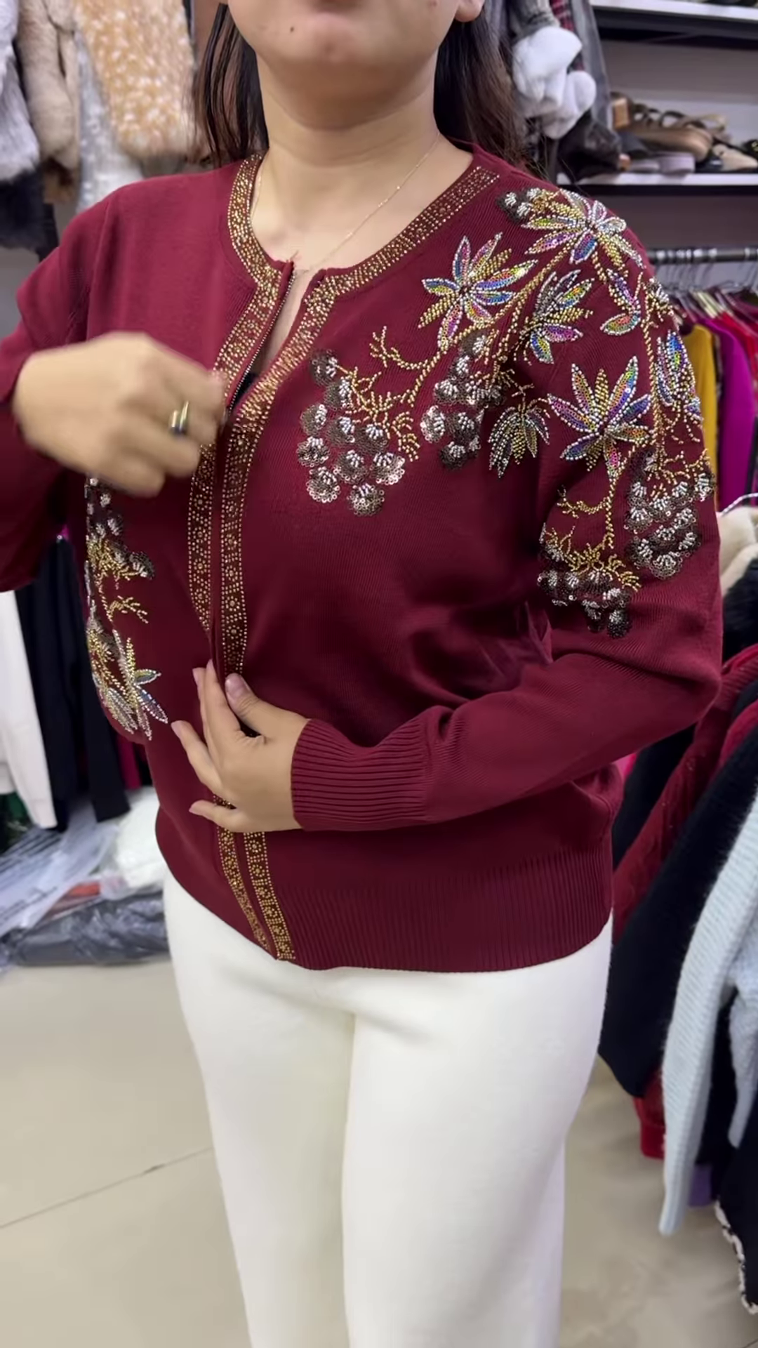 Royal Embellished Floral Zip-Up Winter Cardigan ✨🌺 - Image 4